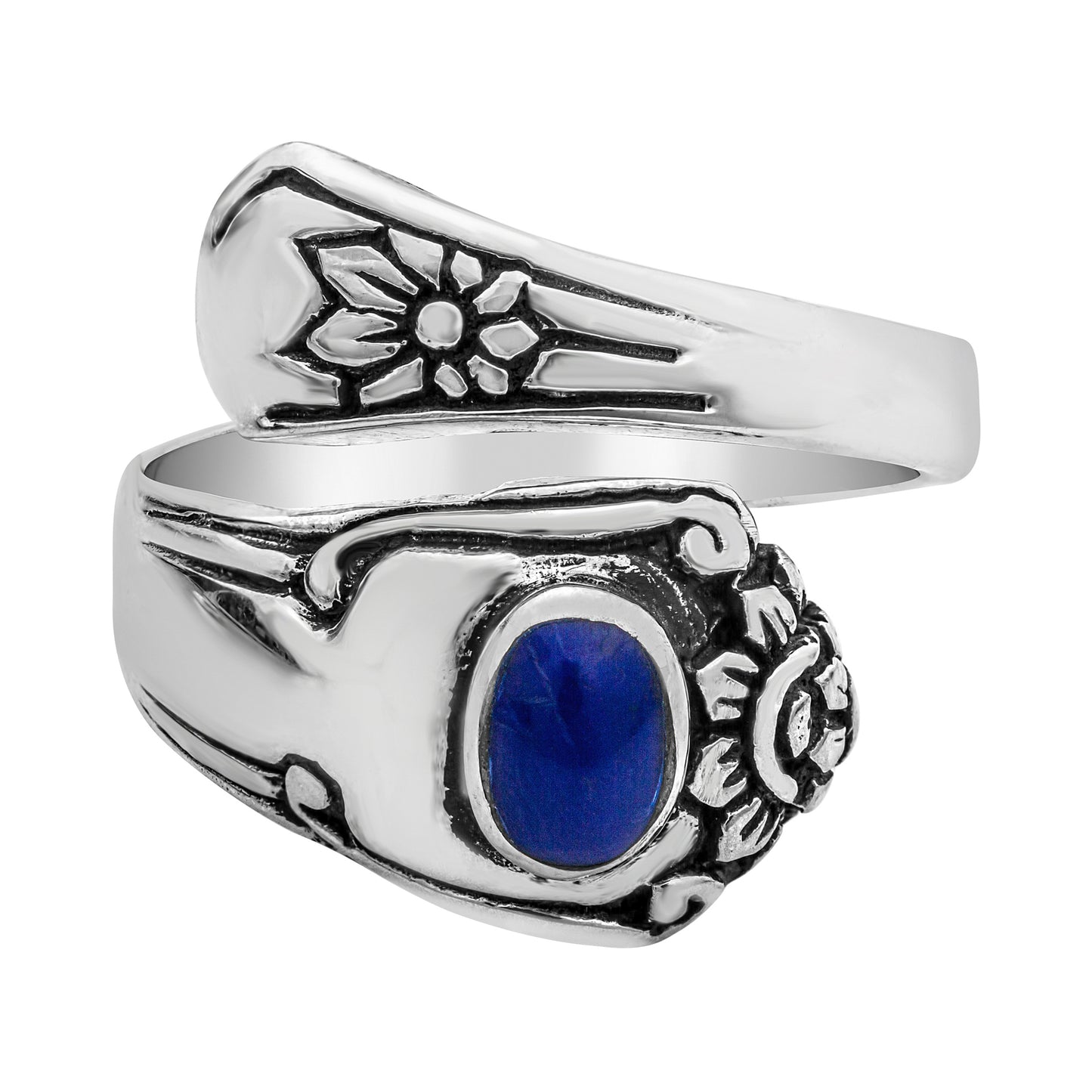 Sodalite & Sterling Silver Oxidized Floral Bypass Ring