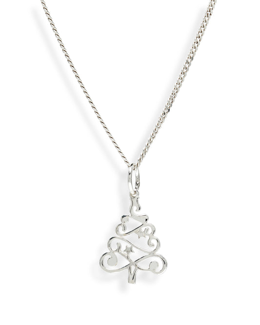 Sterling Silver Ribbon Christmas Tree Pendant  Necklace