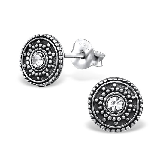 Sterling Silver Oxidized Beaded Round Stud Earrings with Cubic Zirconia