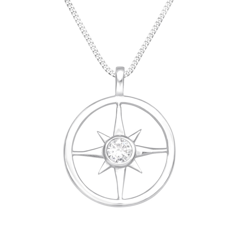 Sterling Silver Dainty Compass Pendant Necklace With Cubic Zirconia Center - Ag Sterling