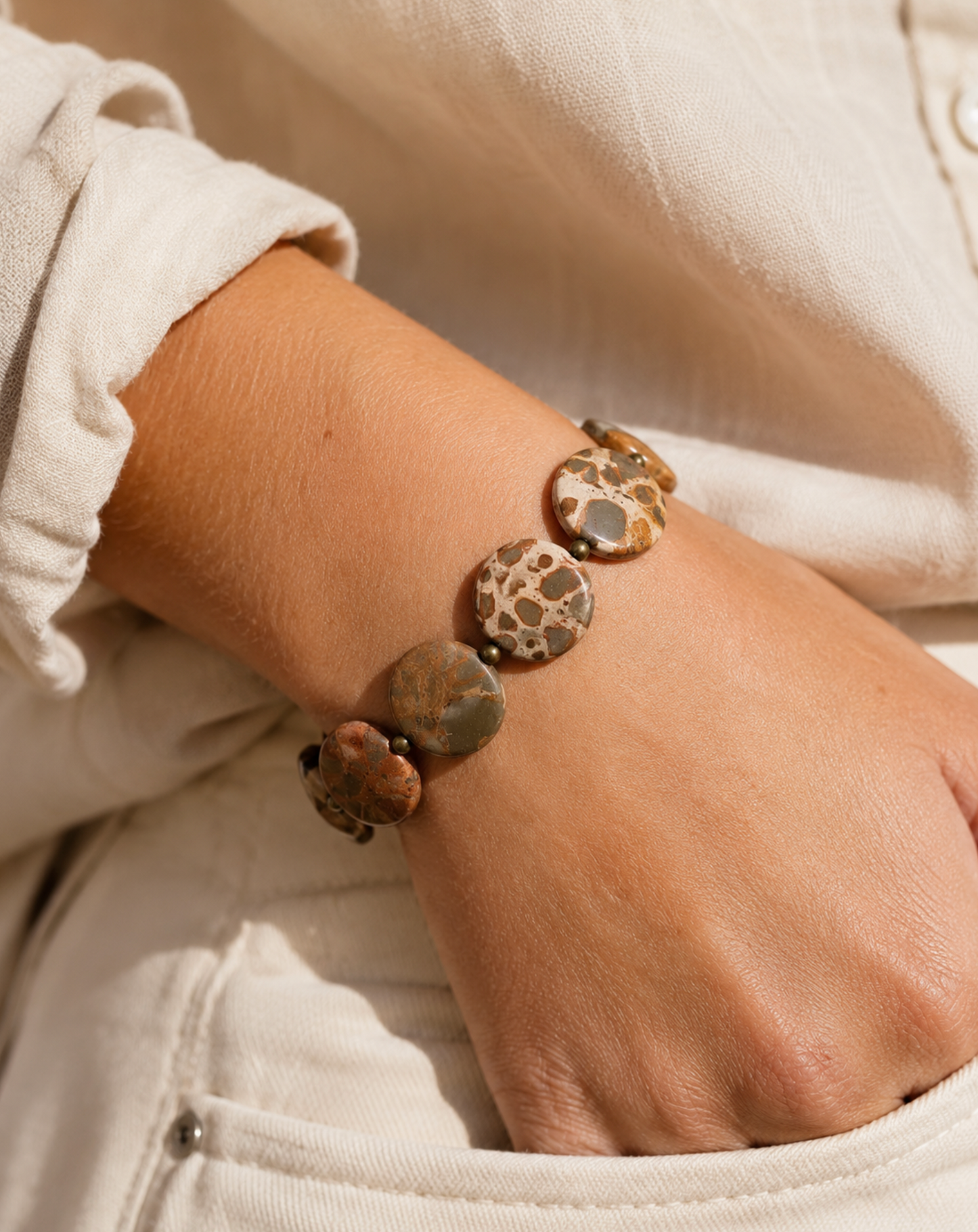 InstaGlam Leopardskin Jasper Disk Bracelet – Upcycled Montreal Design