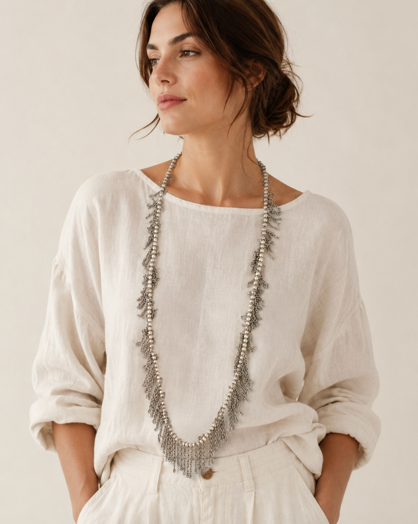 InstaGlam Fringe Pearl Statement Necklace – Upcycled Elegance
