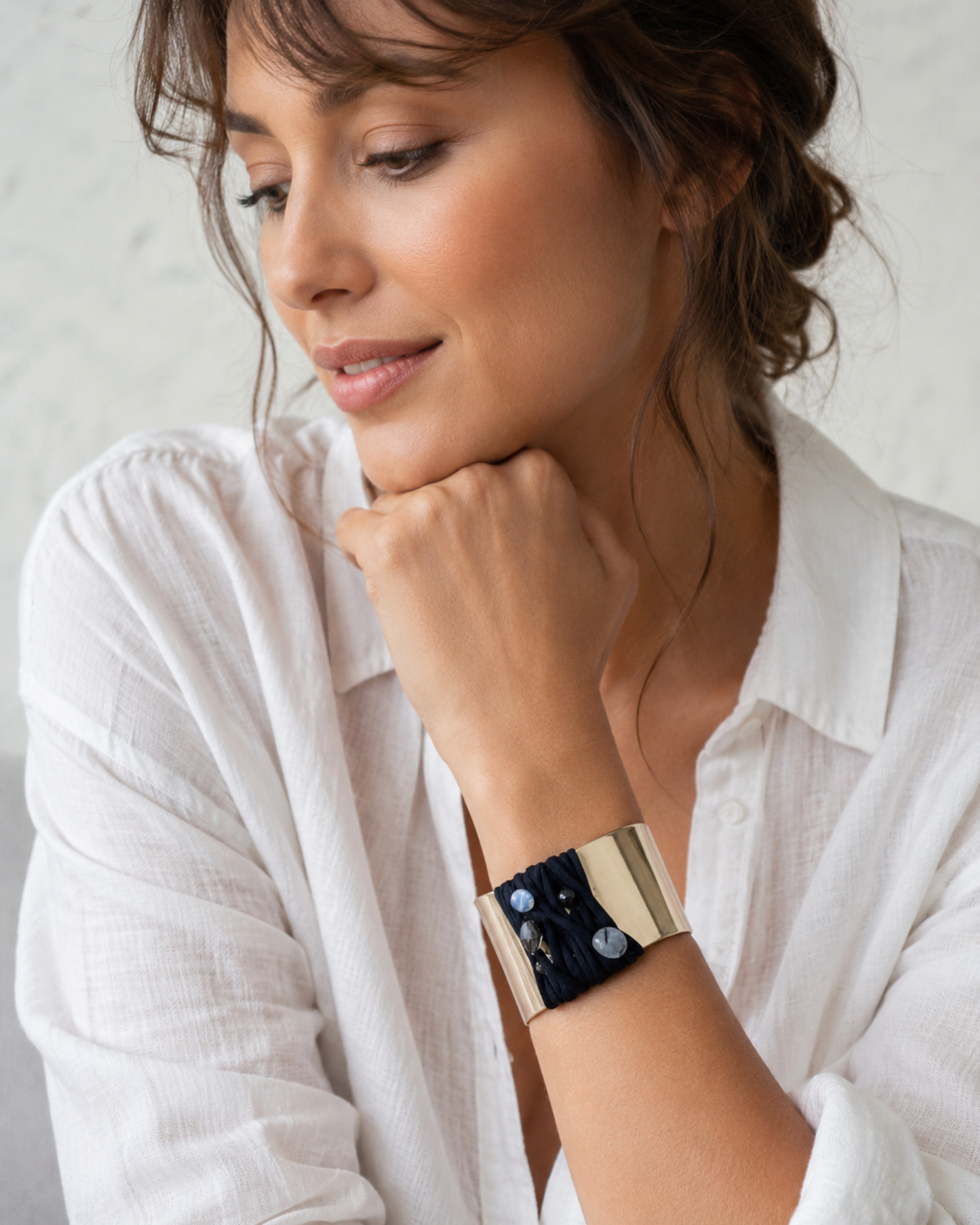 InstaGlam Montréal – Black Satin & Gold Cuff with Swarovski, Rutilated Quartz & Crystal Stones