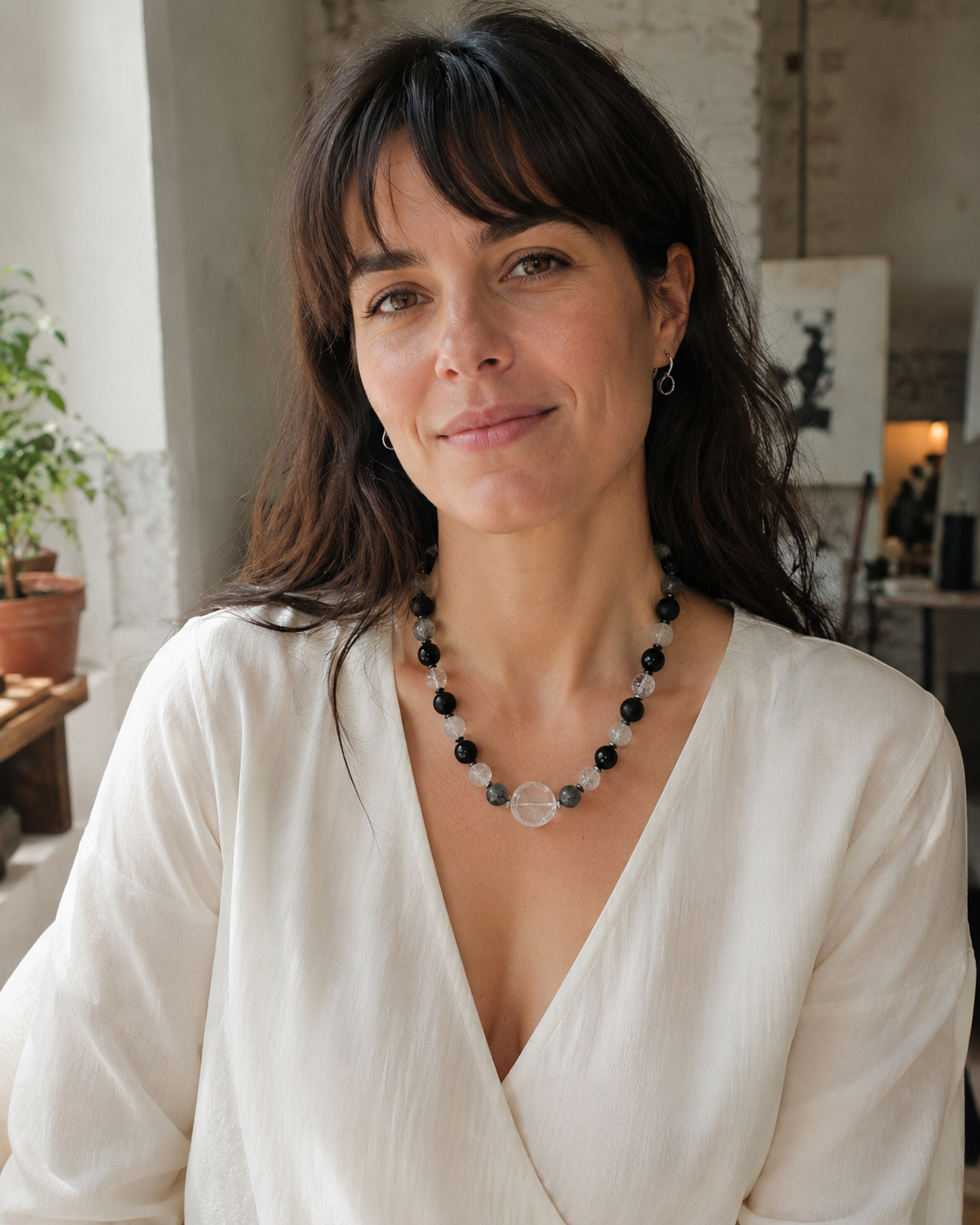 Crystal Quartz, Tourmalinated Quartz & Onyx Statement Necklace — Montréal Upcycled Collection