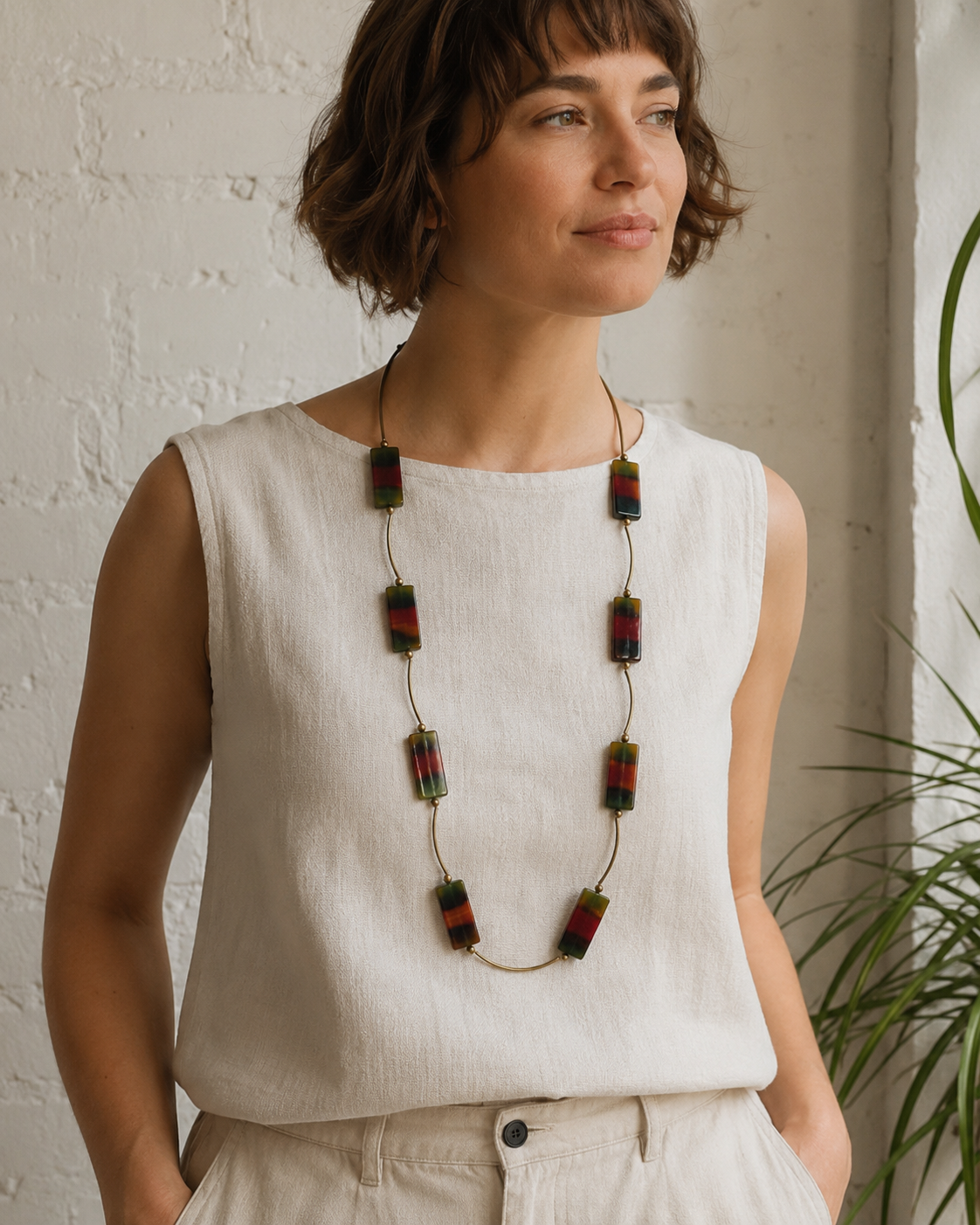 Upcycled Agate Statement Necklace 28" Oxidized Gold-Plated Necklace with 40 x 20mm Agate Panels