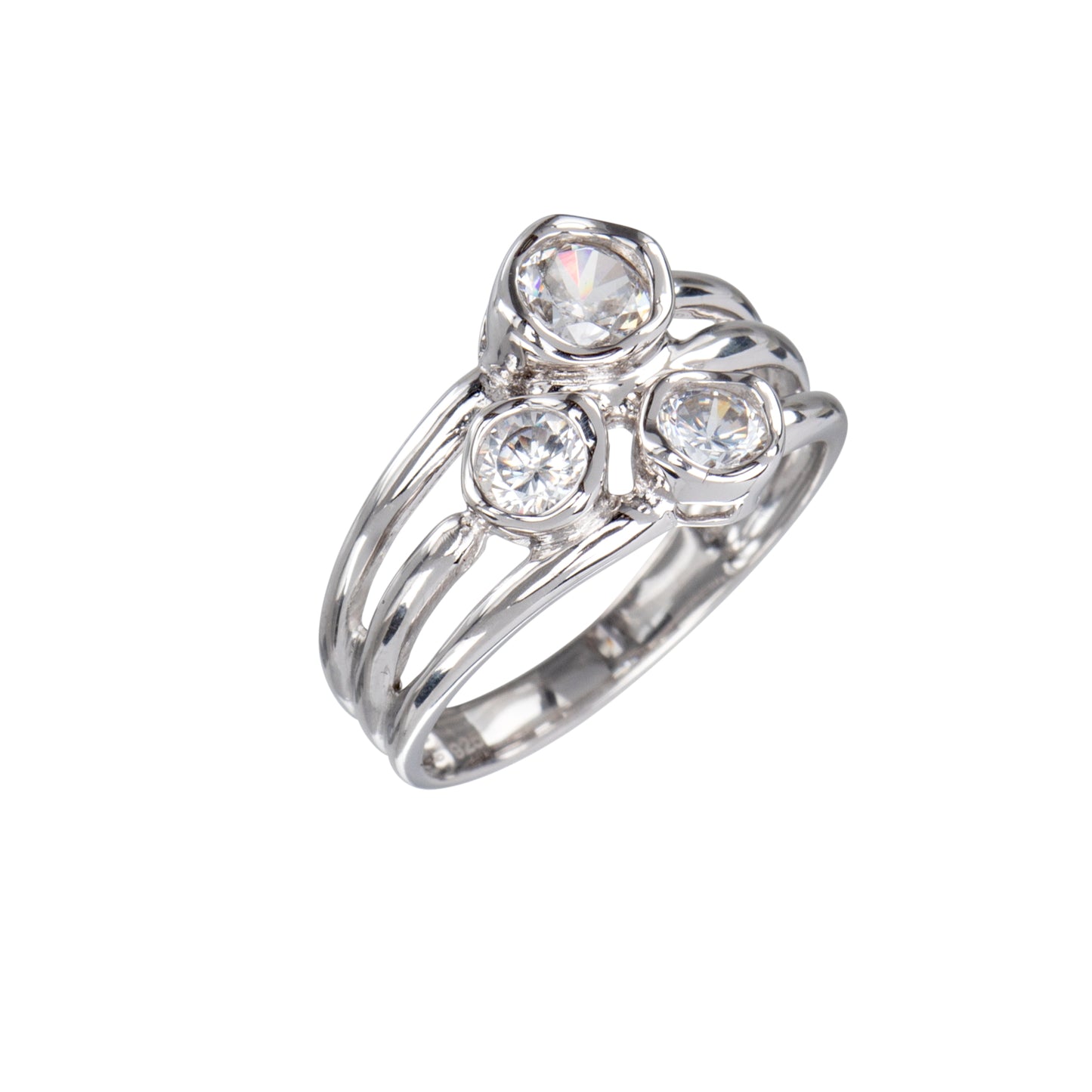 Cubic Zirconia & Sterling Silver Three- Stone Round-Cut Ring