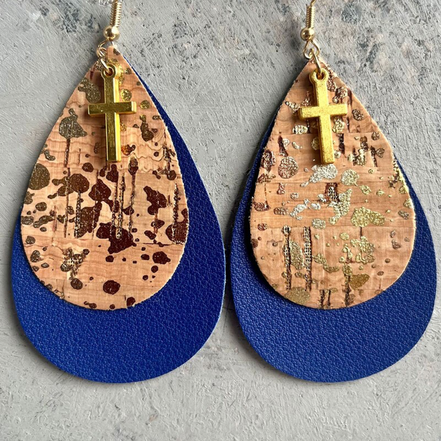 Blue Layered Teardrop Earrings With Goldtone Cross