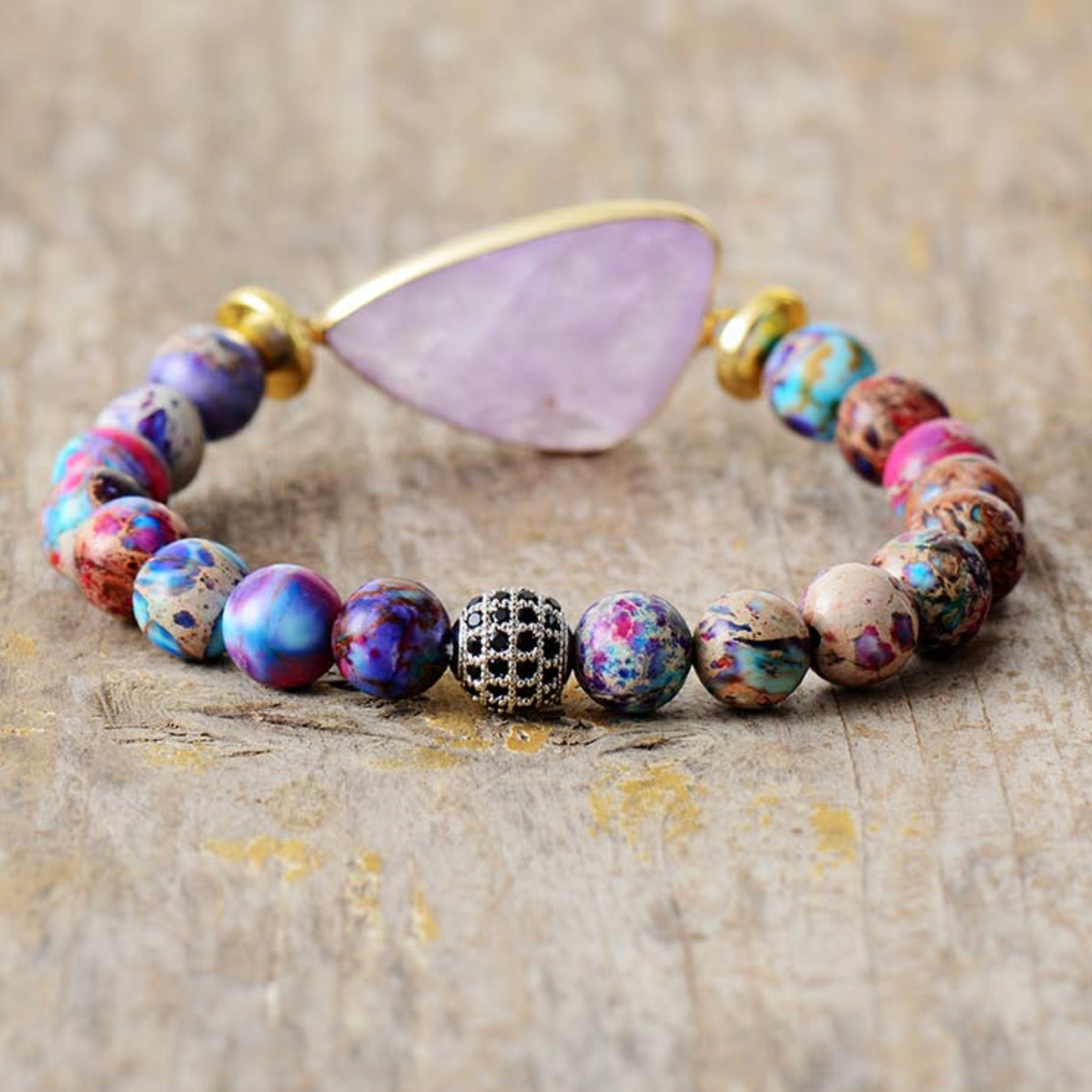 Violet Agate & Goldtone Beaded Bracelet