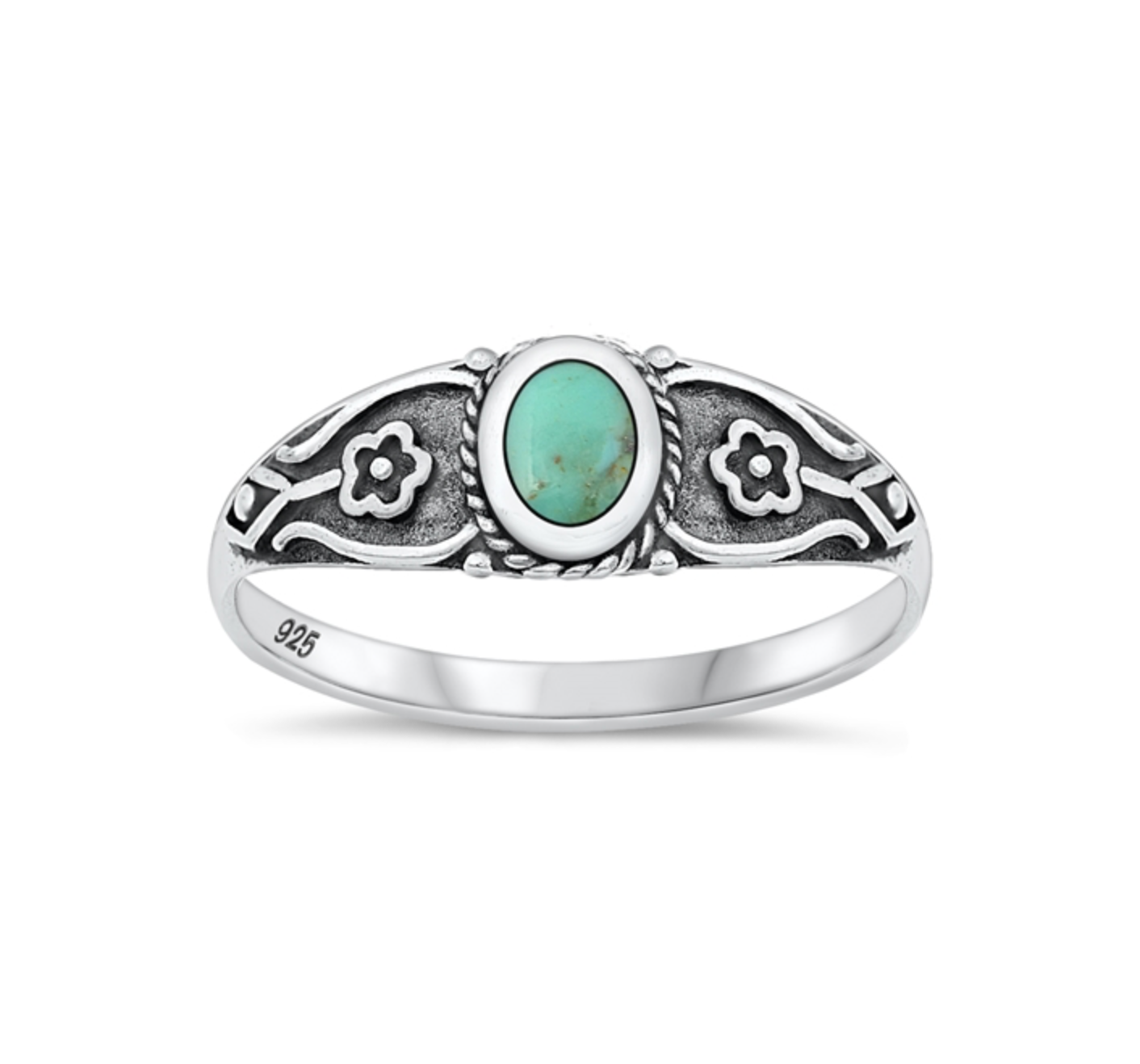 Natural Turquoise & Sterling Silver Floral Oxidized Oval Ring