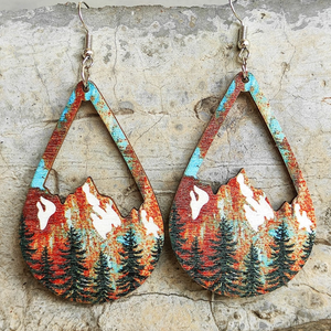 Multi Coloured Mountain & Trees Teardrop Drop Earrings