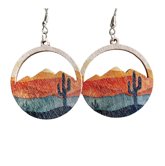 Desert Range & Cactus Sunset Circular Earrings