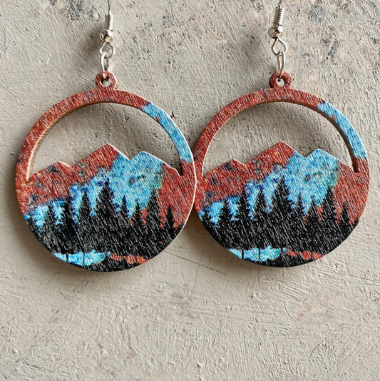 Blue & Brown Forest Landscape Circular Drop Earrings