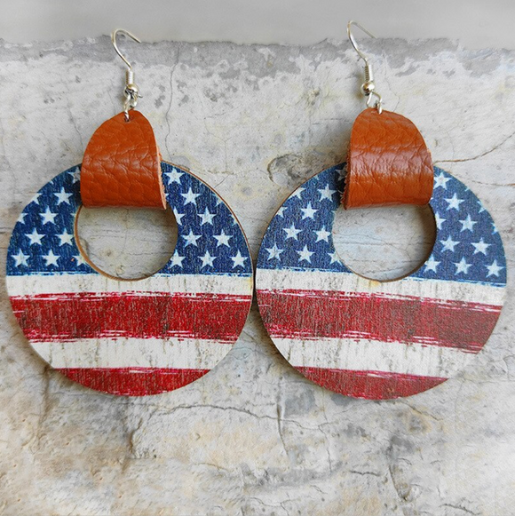 Red & Blue Stars & Stripes Flag Leather Drop Earrings