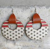 Burnt Red & White Star Faux Leather Circular Drop Earrings