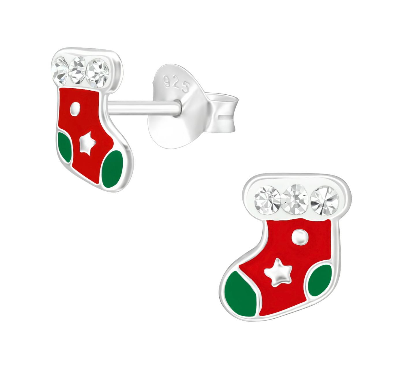 Sterling Silver & Cubic Zirconia Red Christmas Stocking Stud Earrings