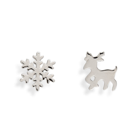 Sterling Silver Asymmetrical Snowflake & Deer Stud Earrings