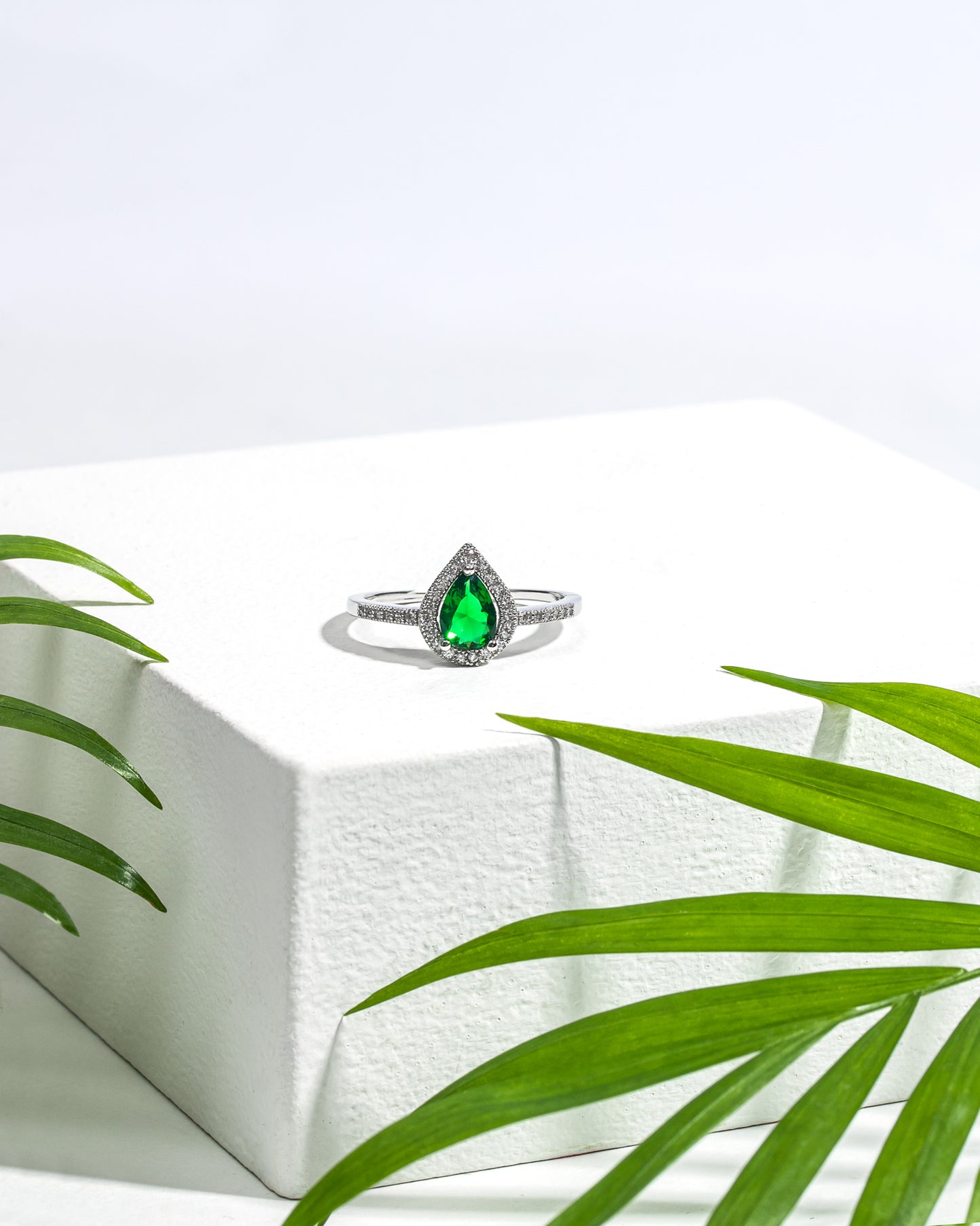 Green Cubic Zirconia & Sterling Silver Pave Teardrop Ring