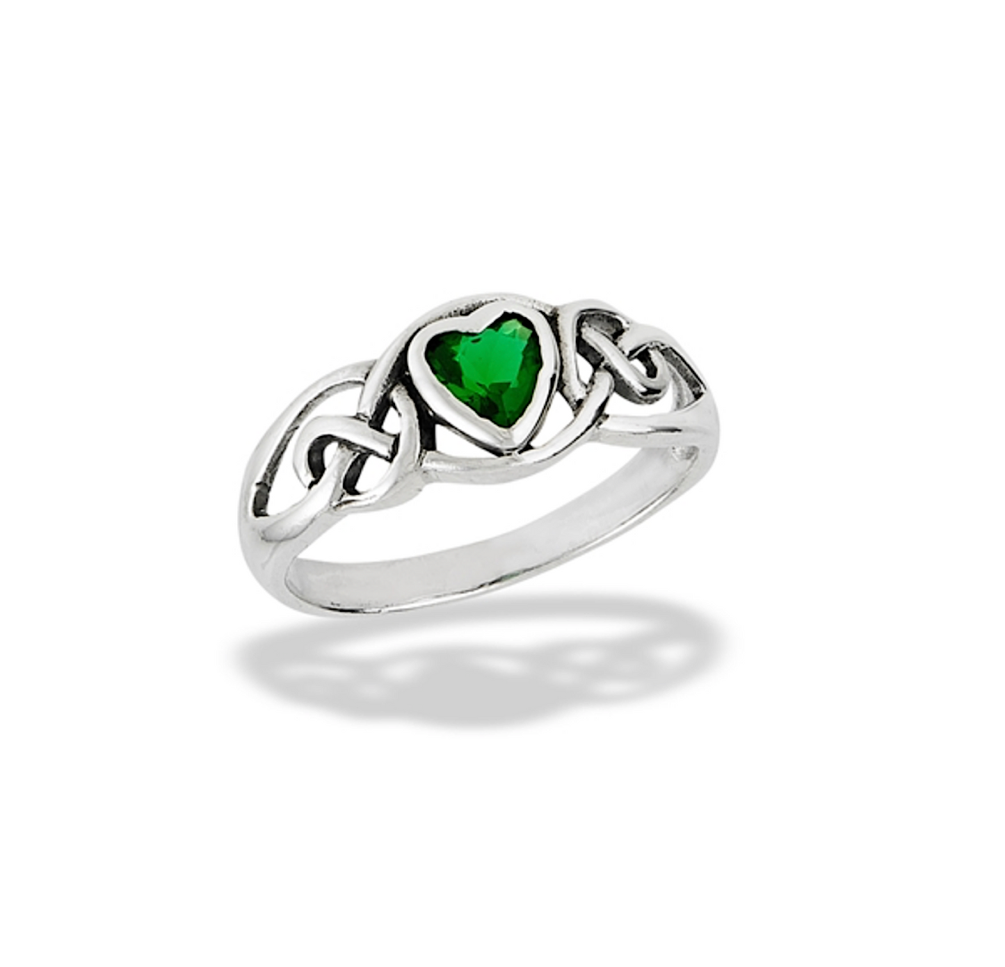 Green Cubic Zirconia & Sterling Silver Celtic Heart Ring