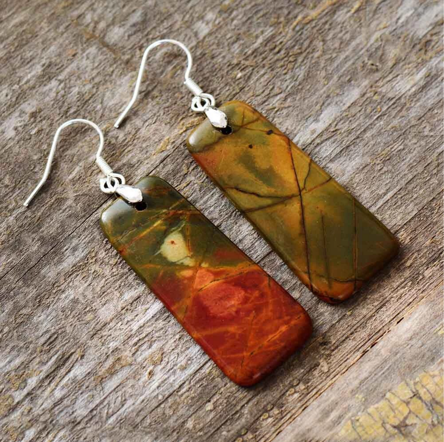 Brown Jasper & Silvertone Rectangular Drop Earrings