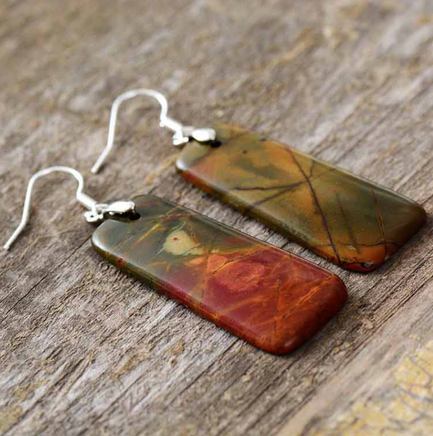 Brown Jasper & Silvertone Rectangular Drop Earrings