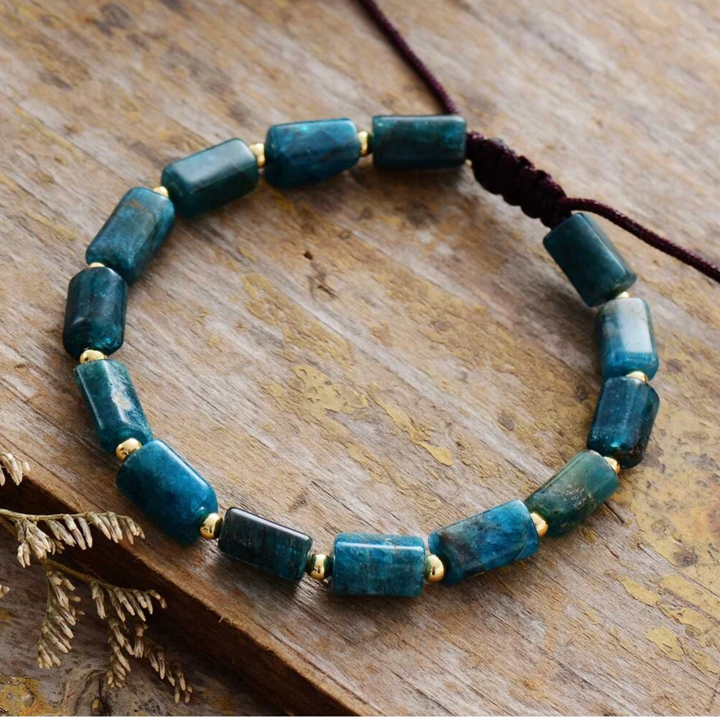 Apatite & Goldtone Tube-Beaded Adjustable Bracelet