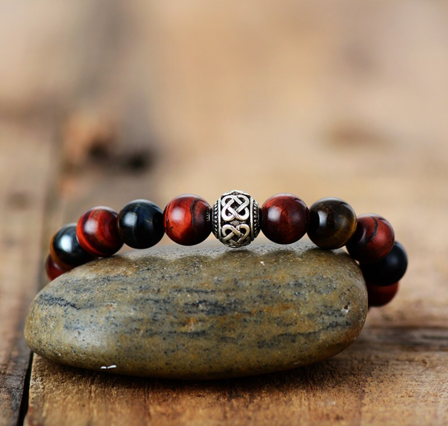 Red Tiger's Eye Beaded Bracelet With Silvertone Infinity Knot