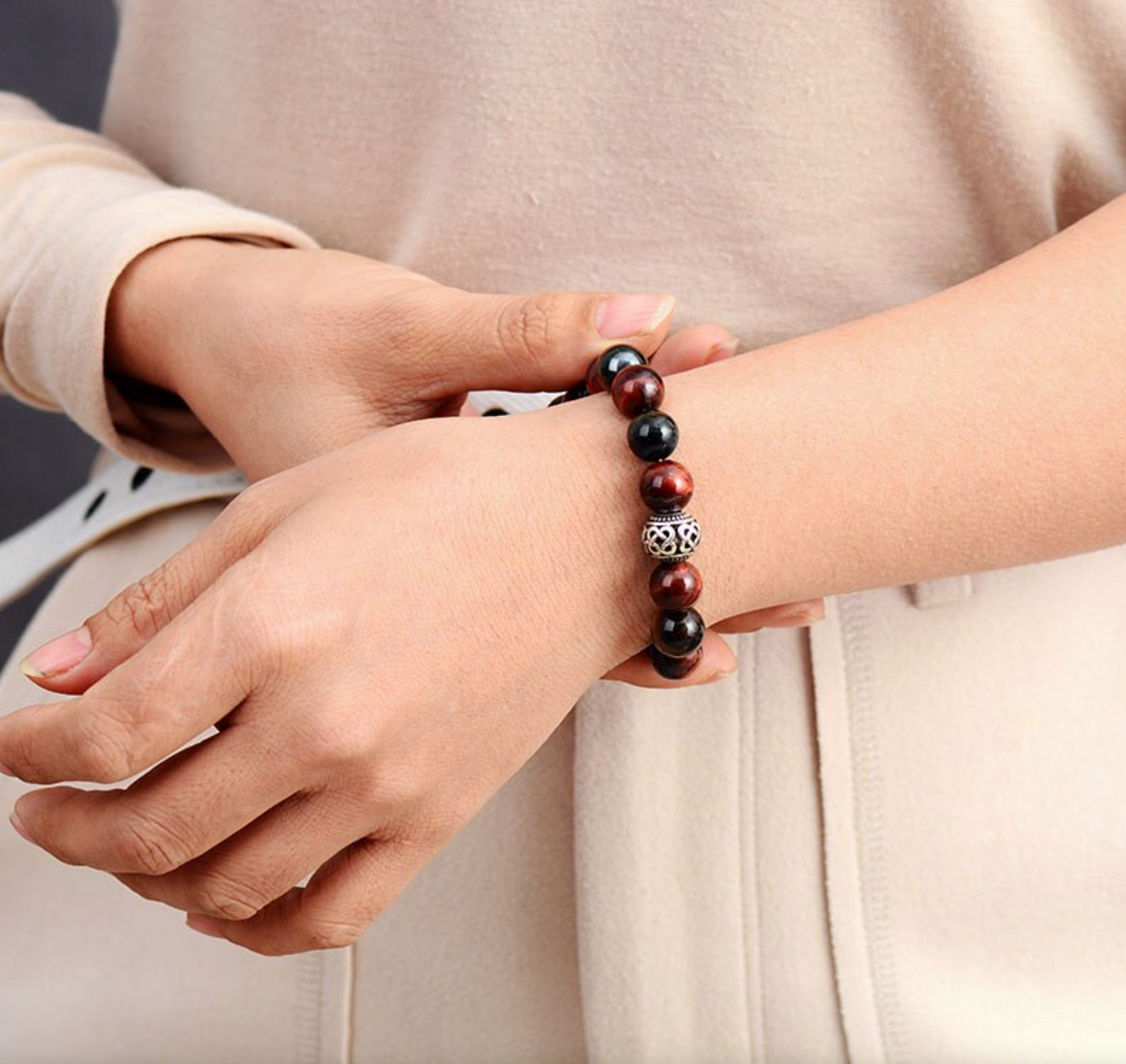 Red Tiger's Eye Beaded Bracelet With Silvertone Infinity Knot