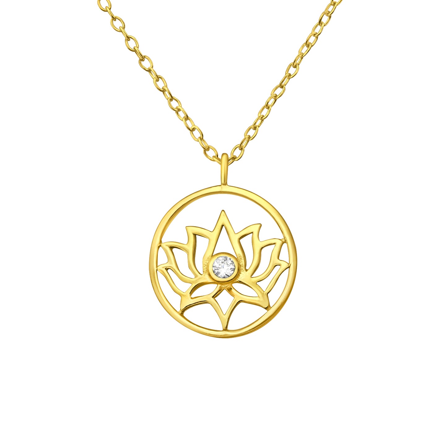 Sterling Silver 18k Gold-Plated Lotus Round Pendant Necklace with Cubic Zirconia