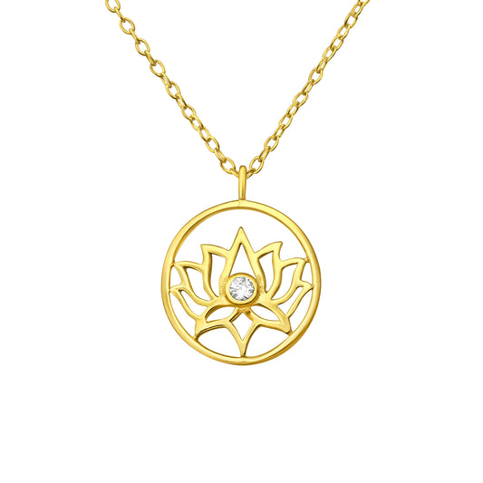 Sterling Silver 18k Gold-Plated Lotus Round Pendant Necklace with Cubic Zirconia