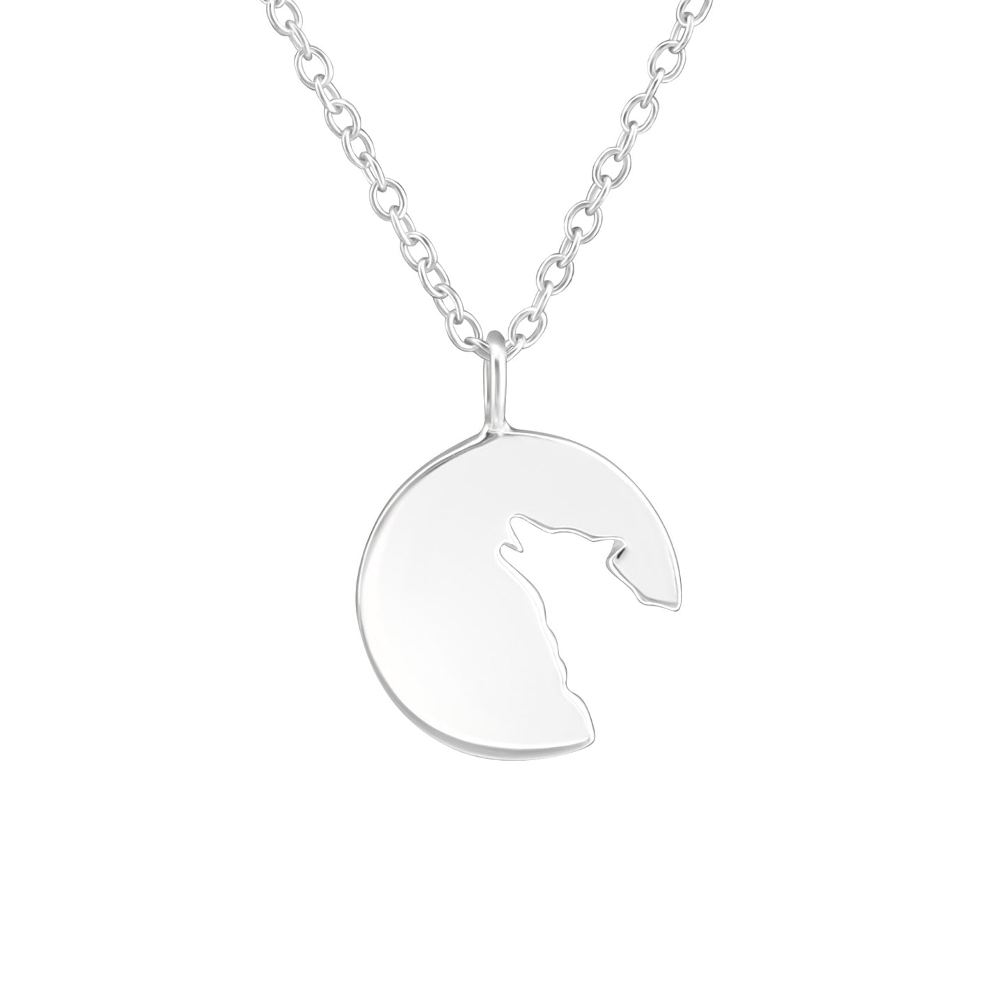 Sterling Silver Cut-out Wolf Round Pendant Necklace