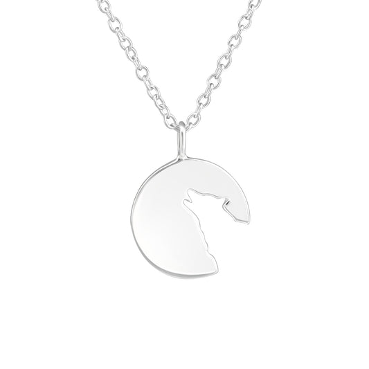 Sterling Silver Cut-out Wolf Round Pendant Necklace