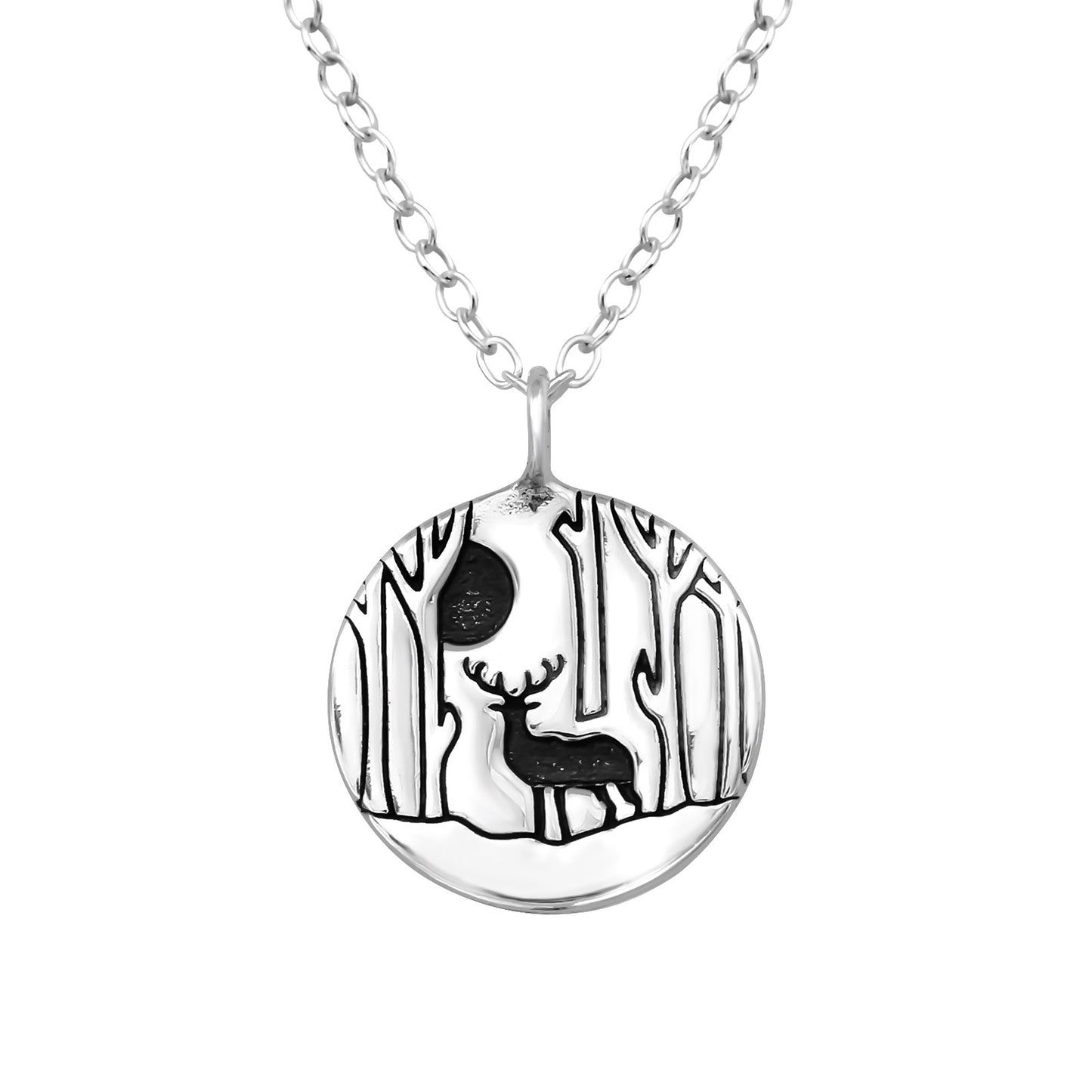 Sterling Silver Forest & Deer Pendant Necklace