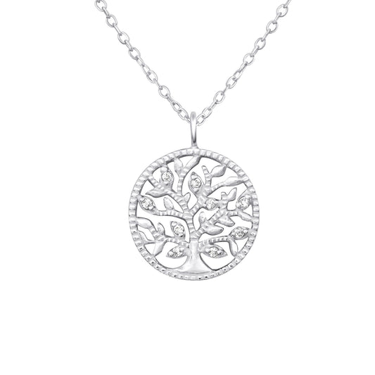 Sterling Silver Tree Of Life Round Pendant Necklace