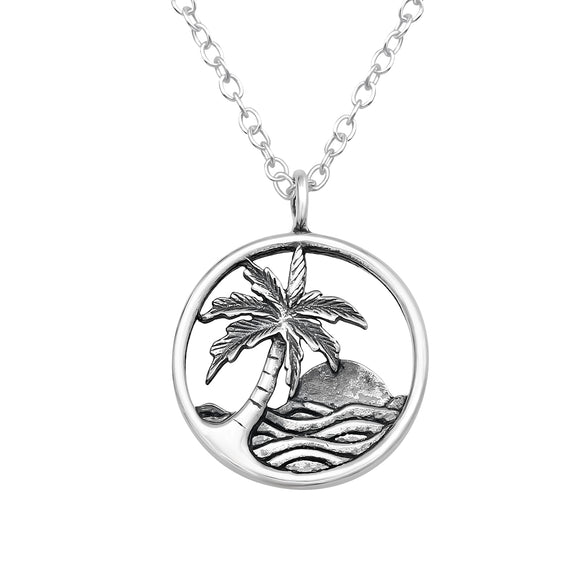 Sterling Silver Ocean Circle Pendant Necklace - Ag Sterling