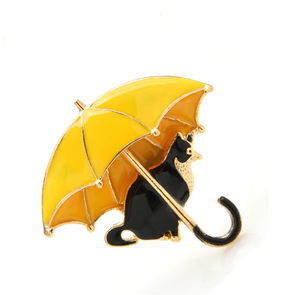 Goldtone And Yellow Umbrella Black Cat Brooch
