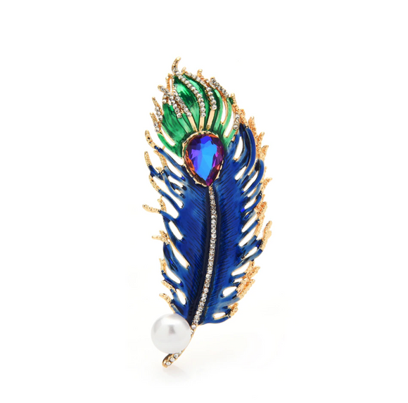 Goldtone Statement Crystal And Pearl Feather Peacock Brooch
