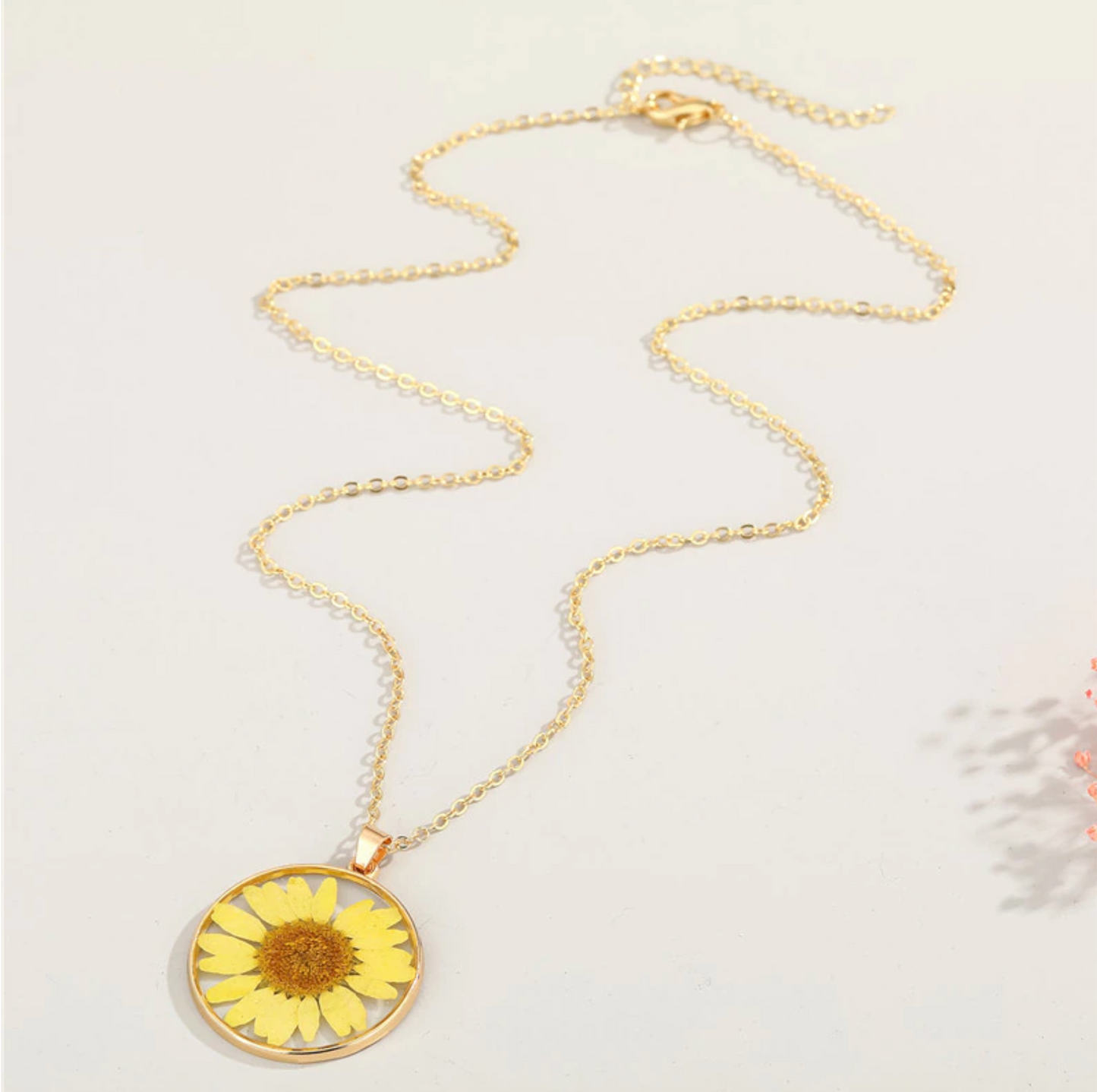 Goldtone & Transparent Circular Yellow Sunflower Pendant Necklace