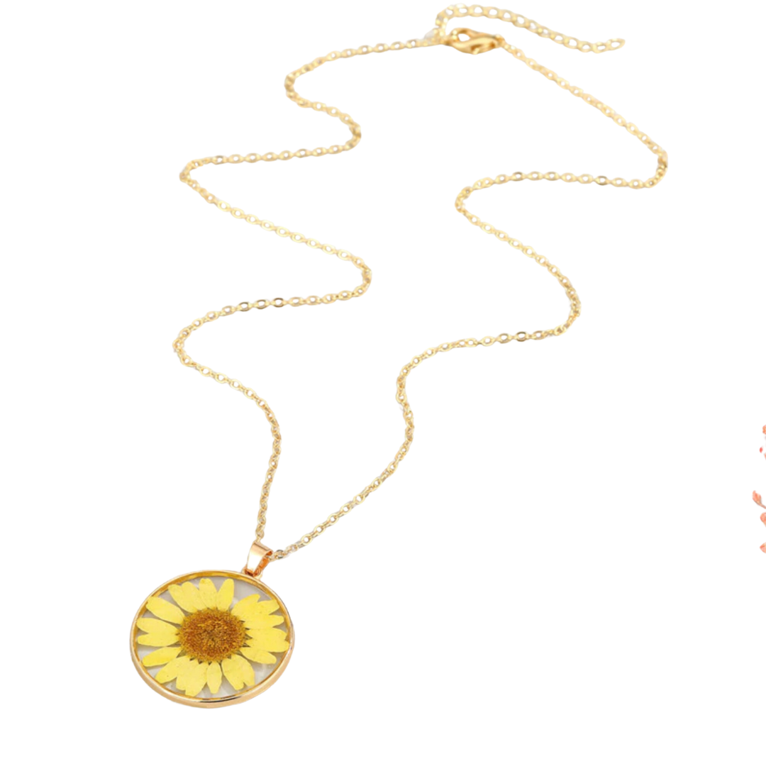 Goldtone & Transparent Circular Yellow Sunflower Pendant Necklace