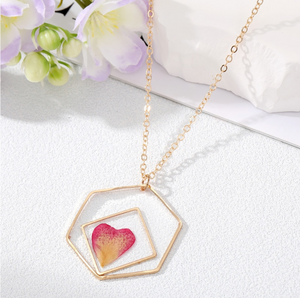 Goldtone Open Hexagon & Pink Heart Pendant Necklace