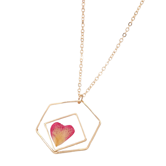 Goldtone Open Hexagon & Pink Heart Pendant Necklace