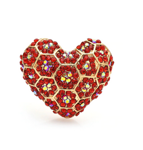 Goldtone And Red Crystal Heart Honey Comb Brooch