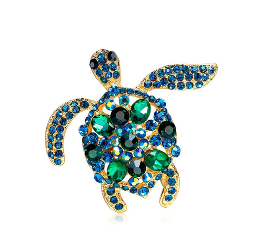 Blue & Green Crystal Turtle Brooch