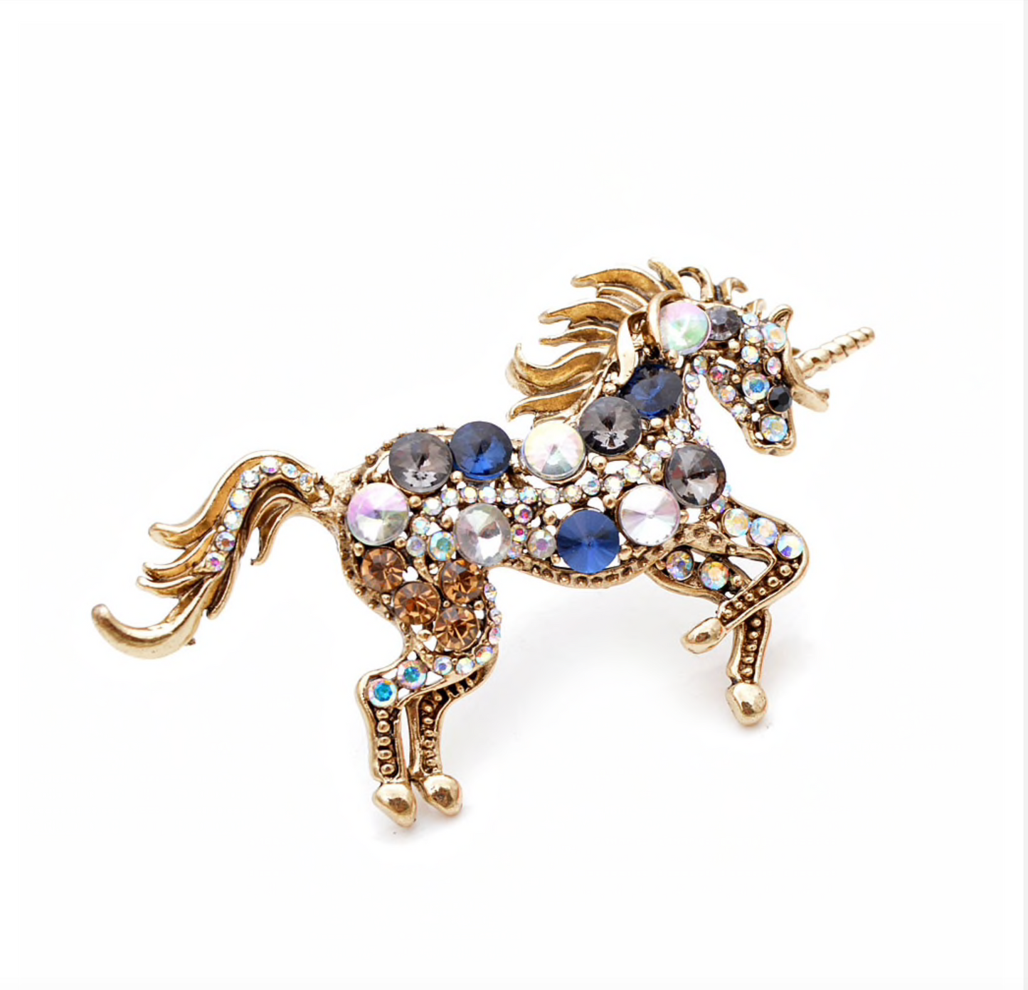 Blue Iridescent Crystal Unicorn Brooch
