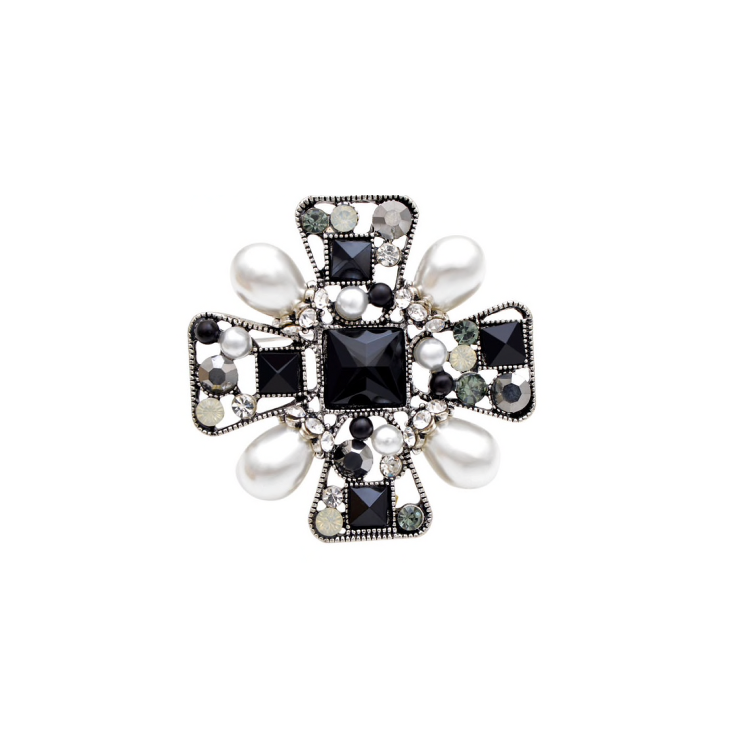 Black Imitation Pearl Cross Brooch