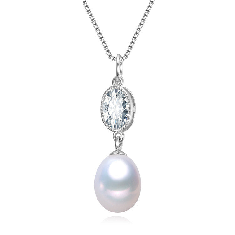 Sterling Silver & Oval CZ Necklace with White Freshwater Pearl - Signature Pearls