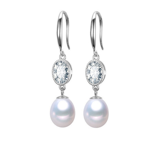 White Freshwater Pearl Drop Earrings With Oval Cubic Zirconia