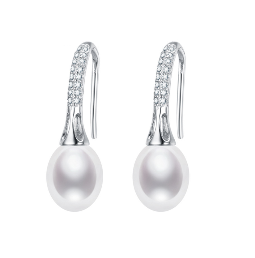 Oval White Freshwater Pearl Cubic Zirconia Threader Earrings