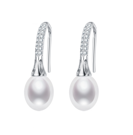 Oval White Freshwater Pearl Cubic Zirconia Threader Earrings