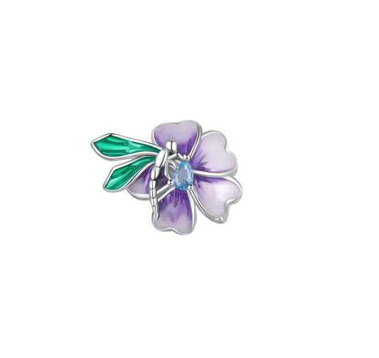 Sterling Silver Purple Flower and Dragonfly Charm