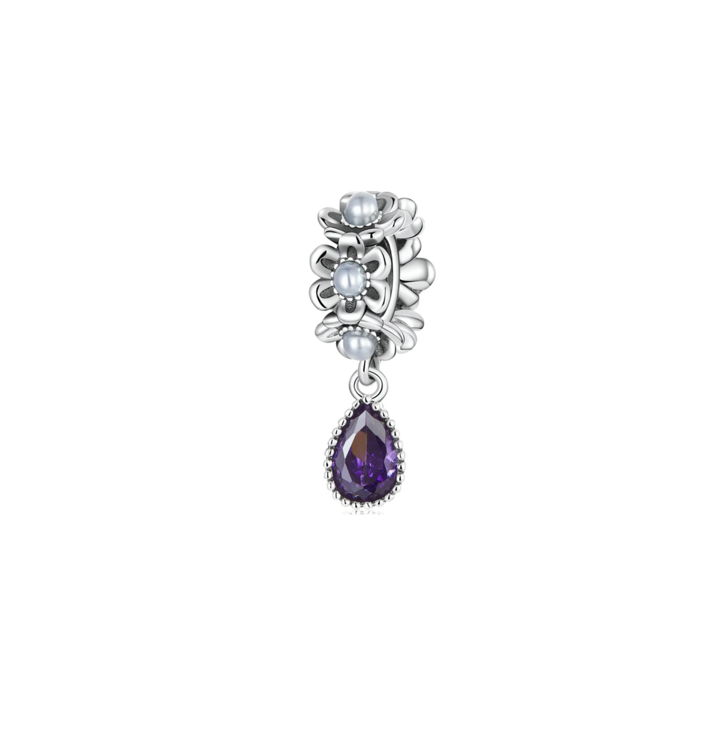 Purple Cubic Zirconia & Sterling Silver Daisy Teardrop Charm